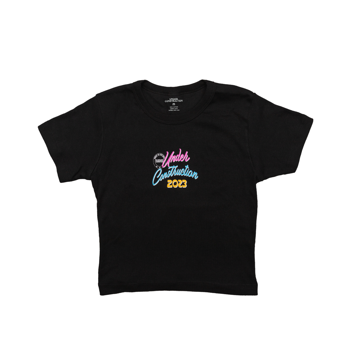 Black Under Construction cropped tee with multicolour Hollywood 2023 chest graphic