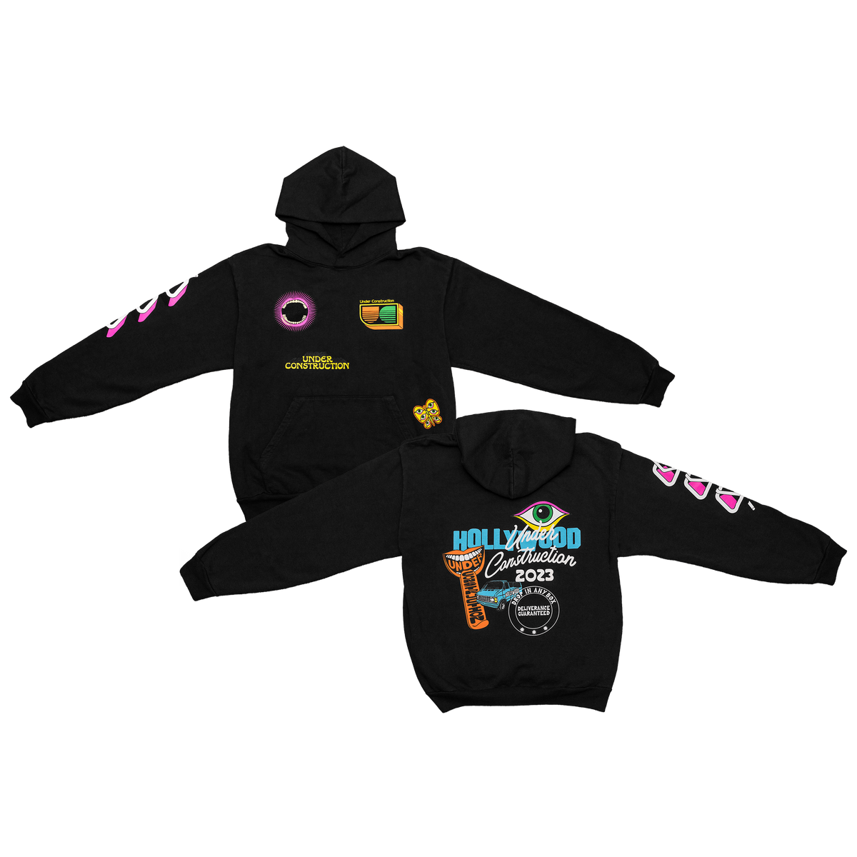 Off-black Under Construction hoodie, front and back with Hollywood graphics