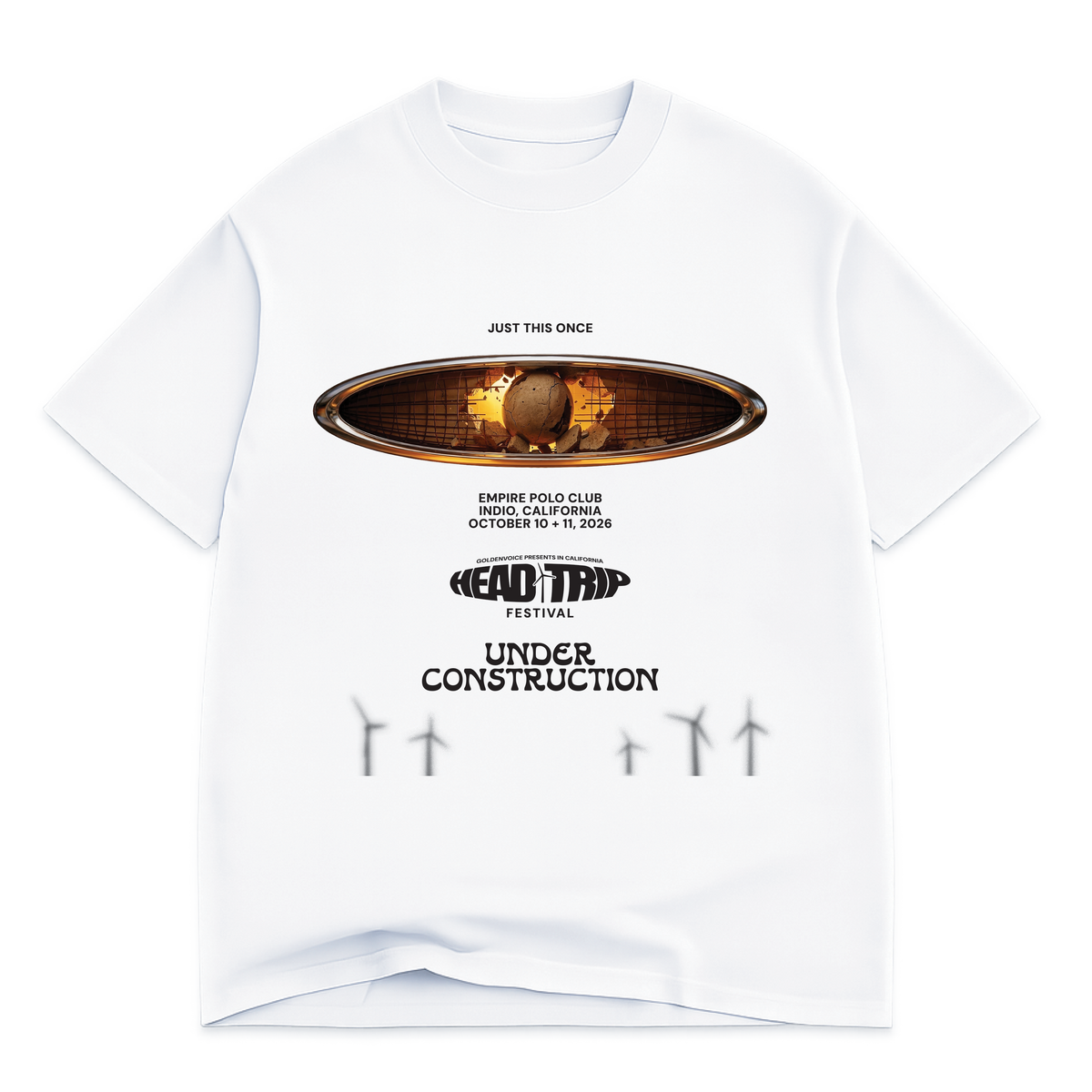 Front artwork detail on UC Head Trip 2026 white tee
