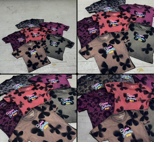 Front view of the purple and black Overgrown Crop Tee with an individually dyed pattern