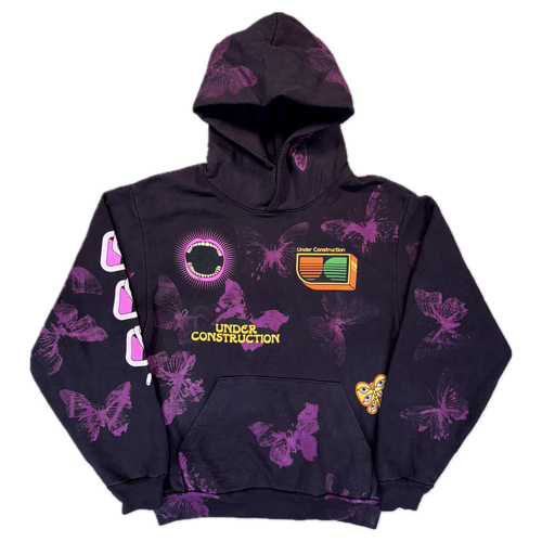 Front of the purple butterfly Hallucination Hoodie with Under Construction chest and sleeve graphics