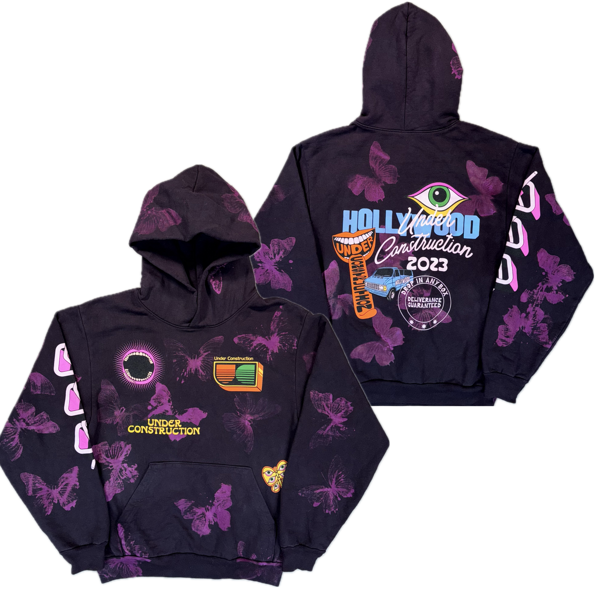 Hallucination Hoodie in a purple butterfly dye pattern, front and back