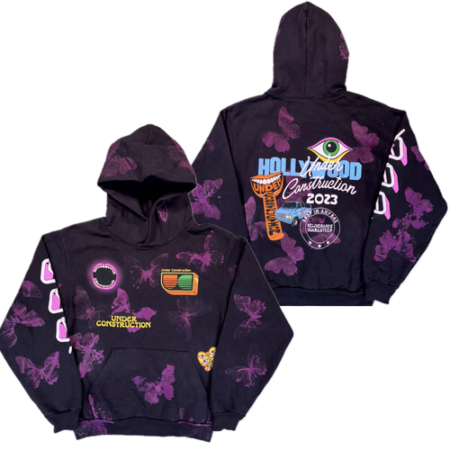 Hallucination Hoodie in a purple butterfly dye pattern, front and back