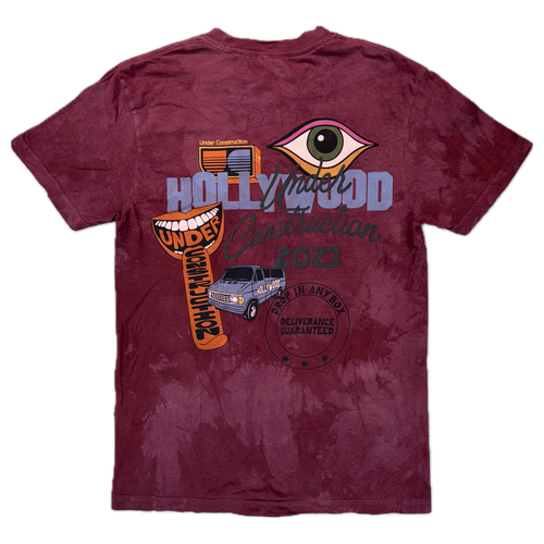 Back of the burgundy Eye-Dye Tee with Hollywood Under Construction artwork