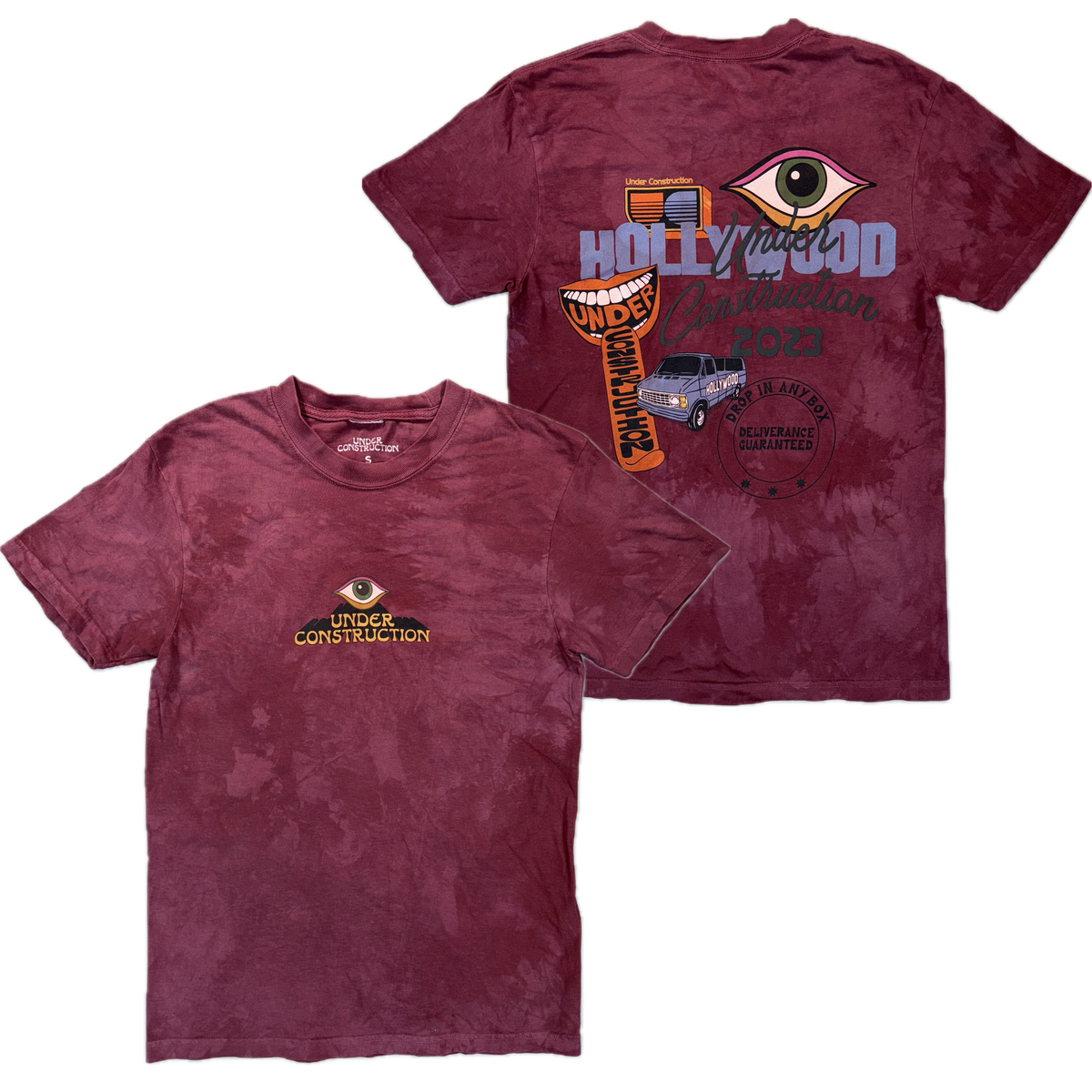 Burgundy Eye-Dye Tee, front and back with Under Construction Hollywood artwork